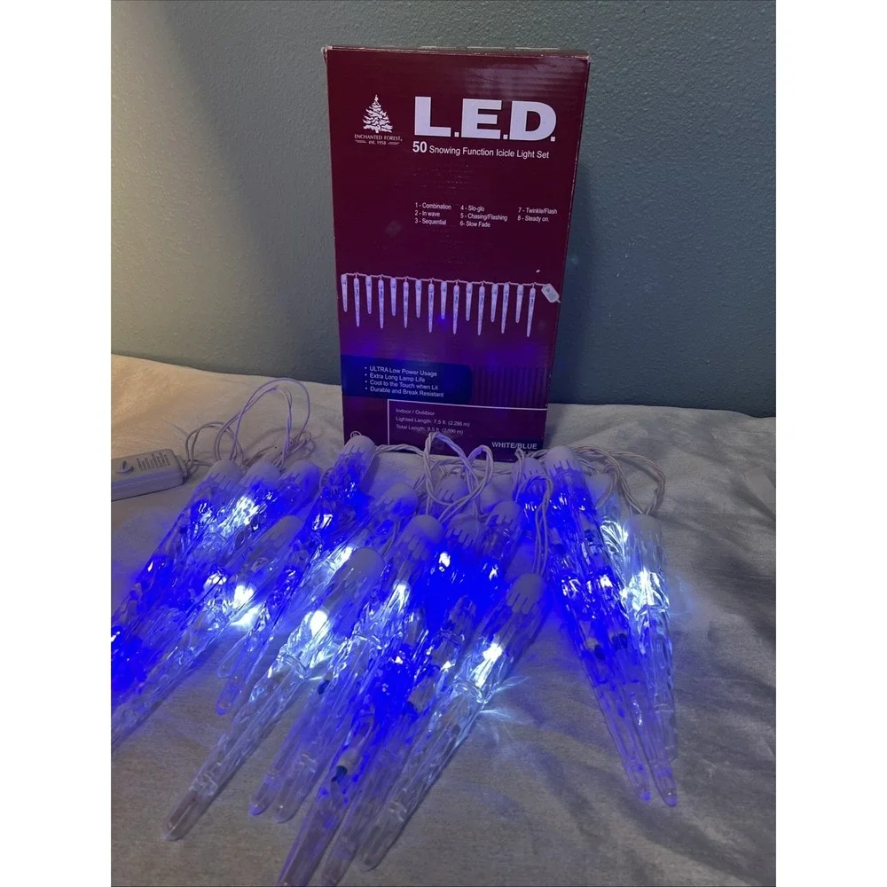 Enchanted Forest LED 50 Snowing Function Icicle Light Set 8 Functions White Blue